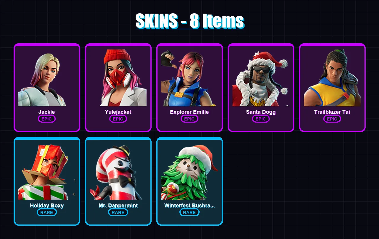 [PC/PSN] | Jackie | Yulejacket | Explorer Emilie | Santa Dogg | Trailblazer Tai | 8 skin | 27 pickaxe | 13 emote | 18 glider | Lv247