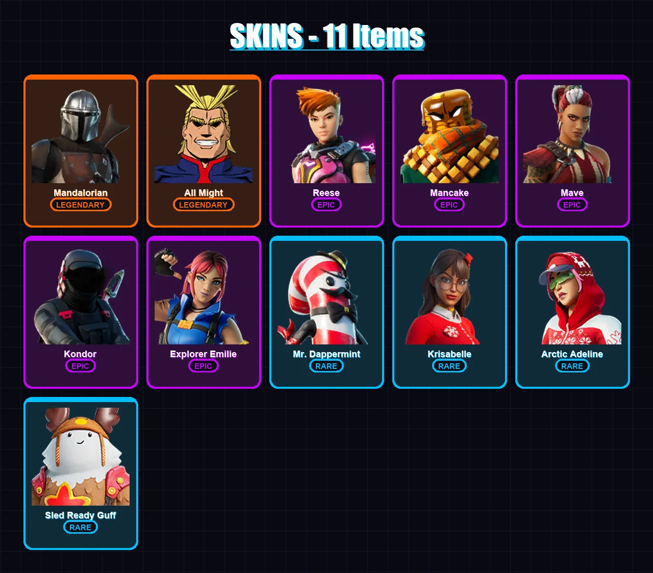 [SWITCH/PC] | Mandalorian | All Might | Reese | Mancake | Mave | 11 skin | 27 pickaxe | 23 emote | 22 glider | Lv291