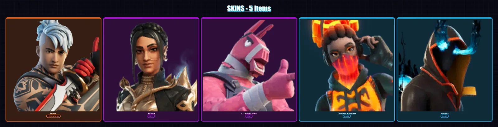 [PC/XBOX/PSN] | Ronin | Shanta | Lt. John Llama | Tectonic Komplex | Absenz | 5 skin | 15 pickaxe | 9 emote | 13 glider | Lv154