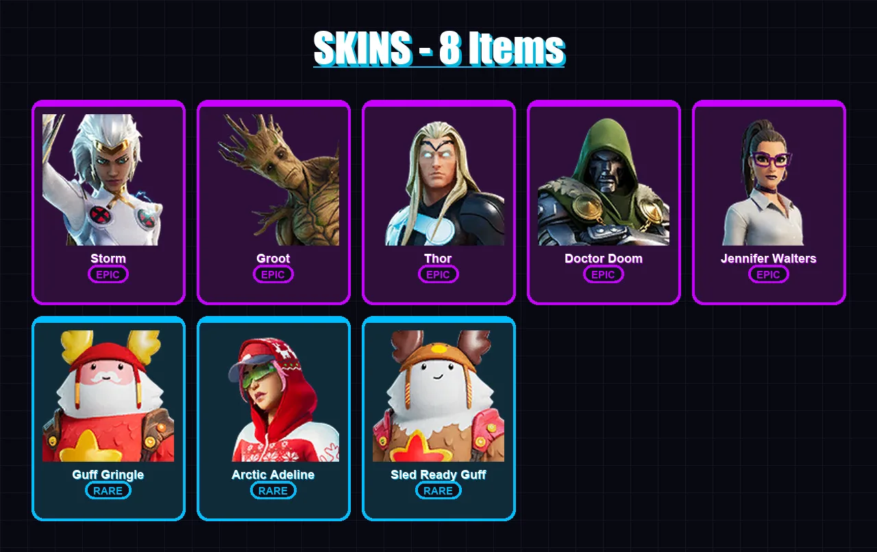 [PC/PSN] | Storm | Groot | Thor | Doctor Doom | Jennifer Walters | 8 skin | 15 pickaxe | 10 emote | 19 glider | Lv246
