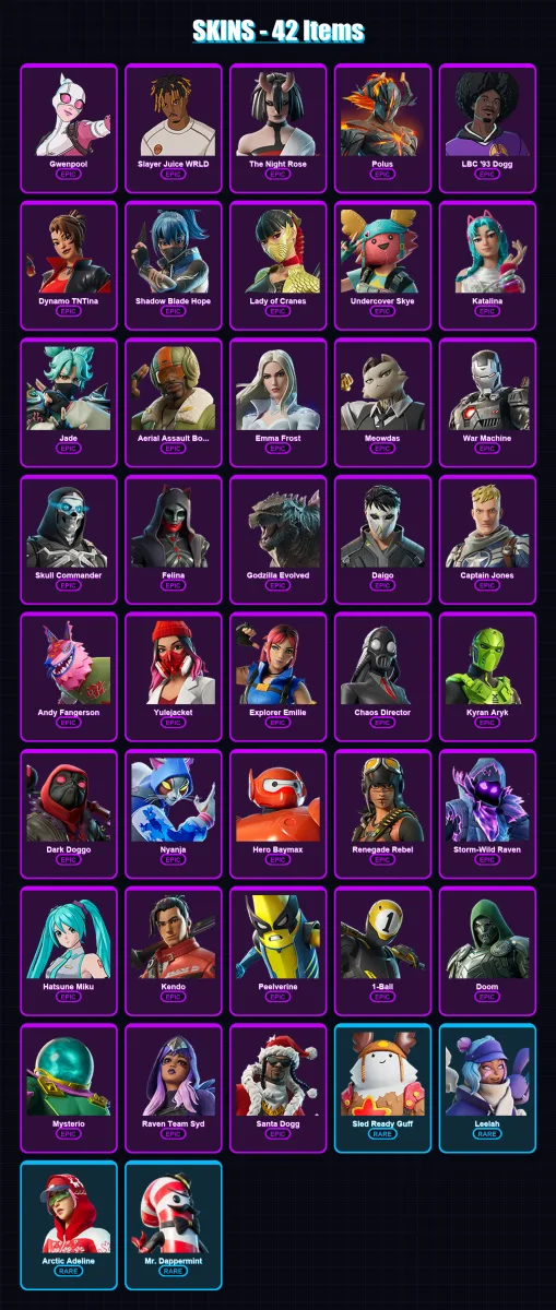 [PC] | Gwenpool | Slayer Juice WRLD | The Night Rose | Polus | LBC '93 Dogg | 42 skin | 58 pickaxe | 41 emote | 32 glider | Lv342