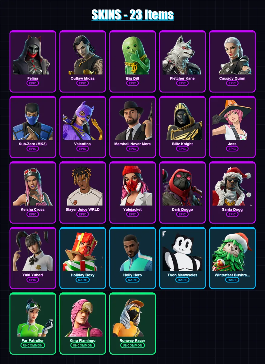 [PC/PSN] | Felina | Outlaw Midas | Big Dill | Fletcher Kane | Cassidy Quinn | 23 skin | 74 pickaxe | 43 emote | 55 glider | Lv867