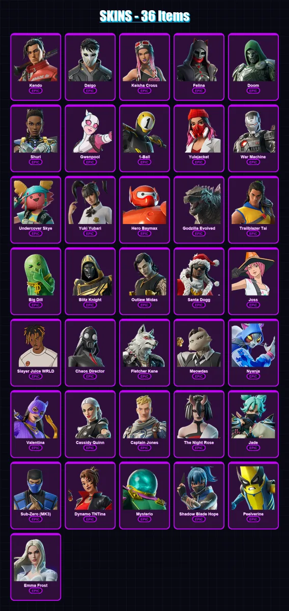[PS4/PS5/XBOX/PC] | Kendo | Daigo | Keisha Cross | Felina | Doom | 36 skin | 108 pickaxe | 57 emote | 74 glider | Lv1178