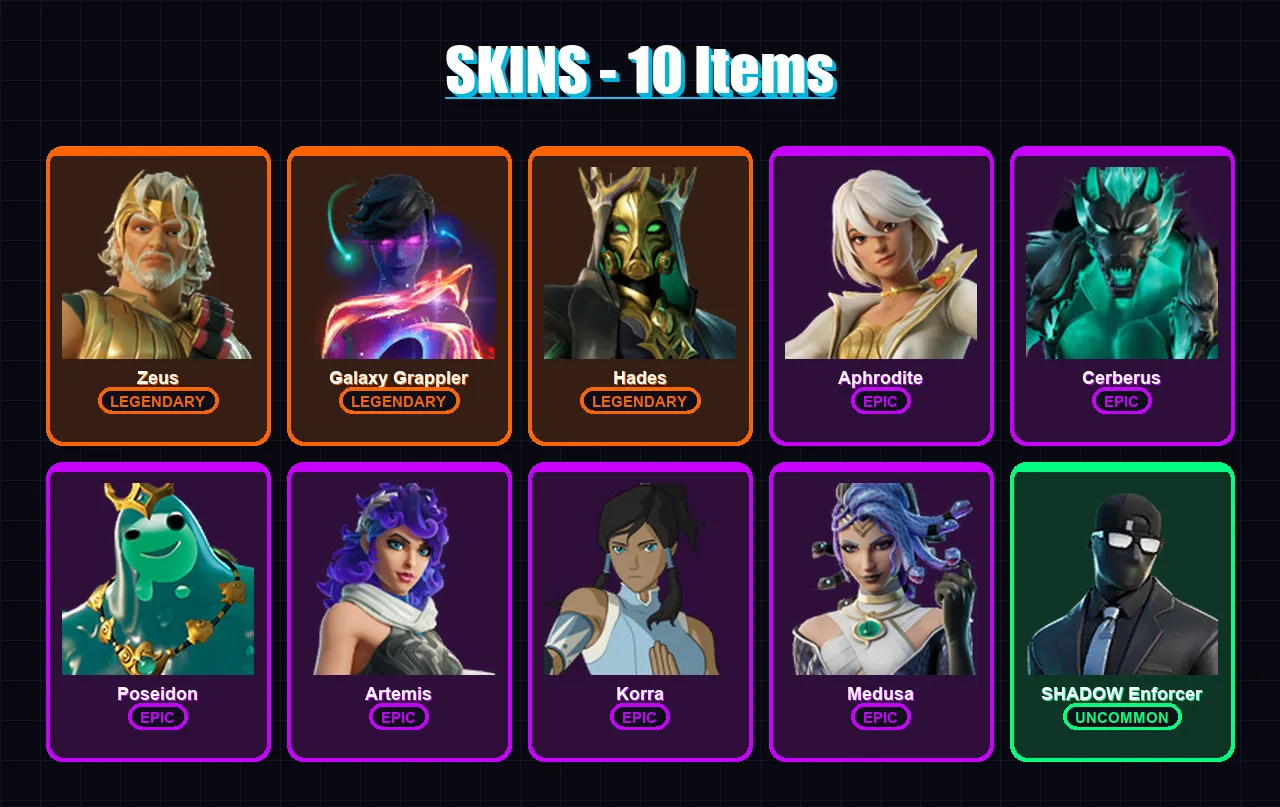 [PC/XBOX/PSN] | Zeus | Galaxy Grappler | Hades | Aphrodite | Cerberus | 10 skin | 21 pickaxe | 18 emote | 16 glider | Lv251