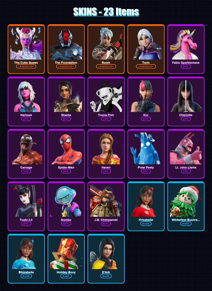 [PC/XBOX/PSN] | The Cube Queen | The Foundation | Ronin | Torin | Fabio Sparklemane | 23 skin | 28 pickaxe | 17 emote | 24 glider | Lv378