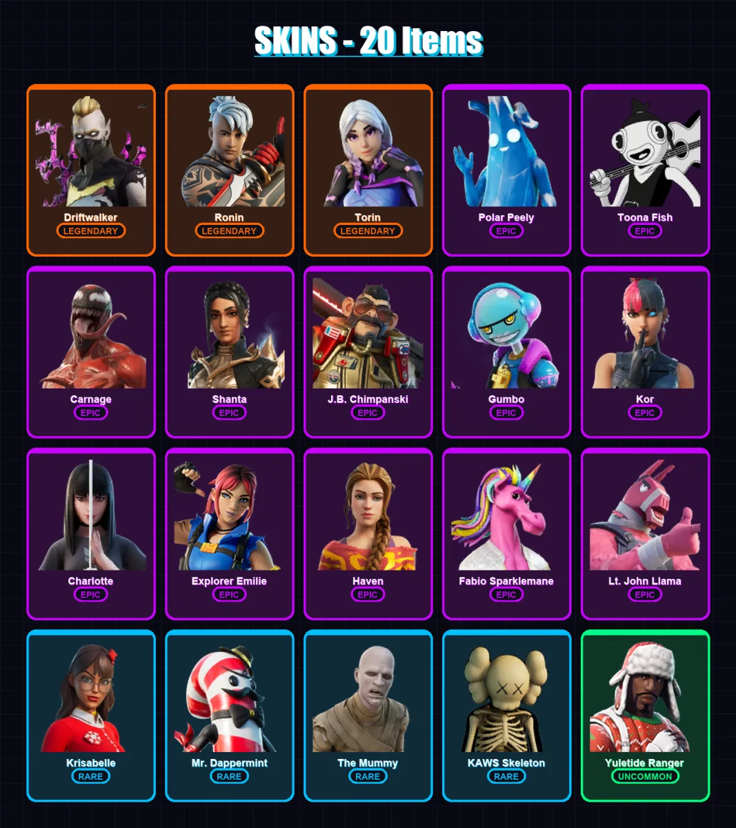 [PC/XBOX/PSN] | Driftwalker | Ronin | Torin | Polar Peely | Toona Fish | 20 skin | 19 pickaxe | 13 emote | 16 glider | Lv181