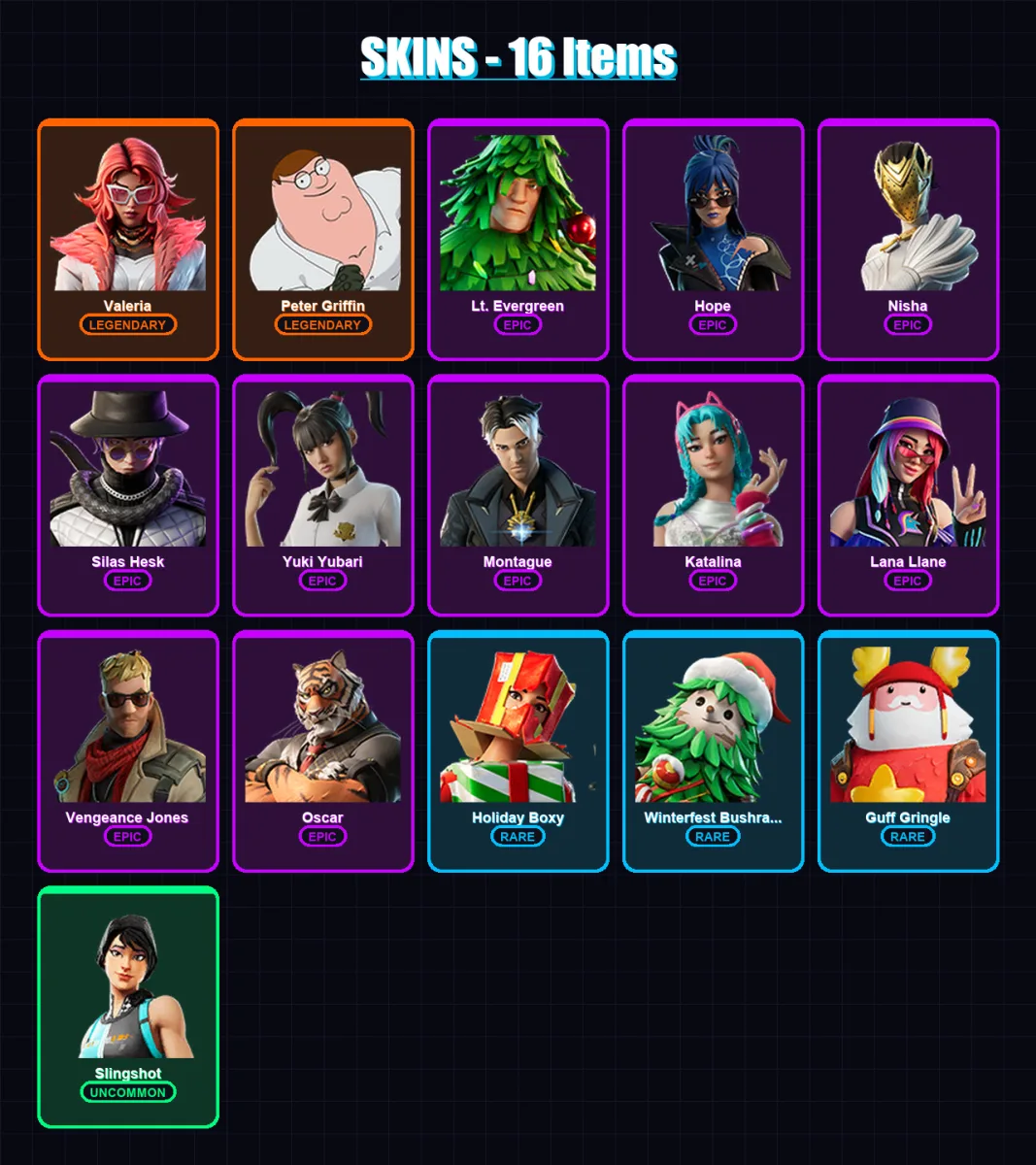 [PC/XBOX/PSN] | Valeria | Peter Griffin | Lt. Evergreen | Hope | Nisha | 16 skin | 44 pickaxe | 18 emote | 26 glider | Lv342