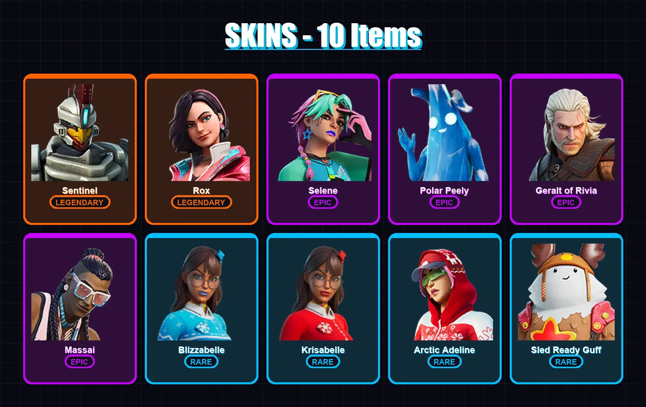 [PC/XBOX] | Sentinel | Rox | Selene | Polar Peely | Geralt of Rivia | 10 skin | 15 pickaxe | 23 emote | 16 glider | Lv192