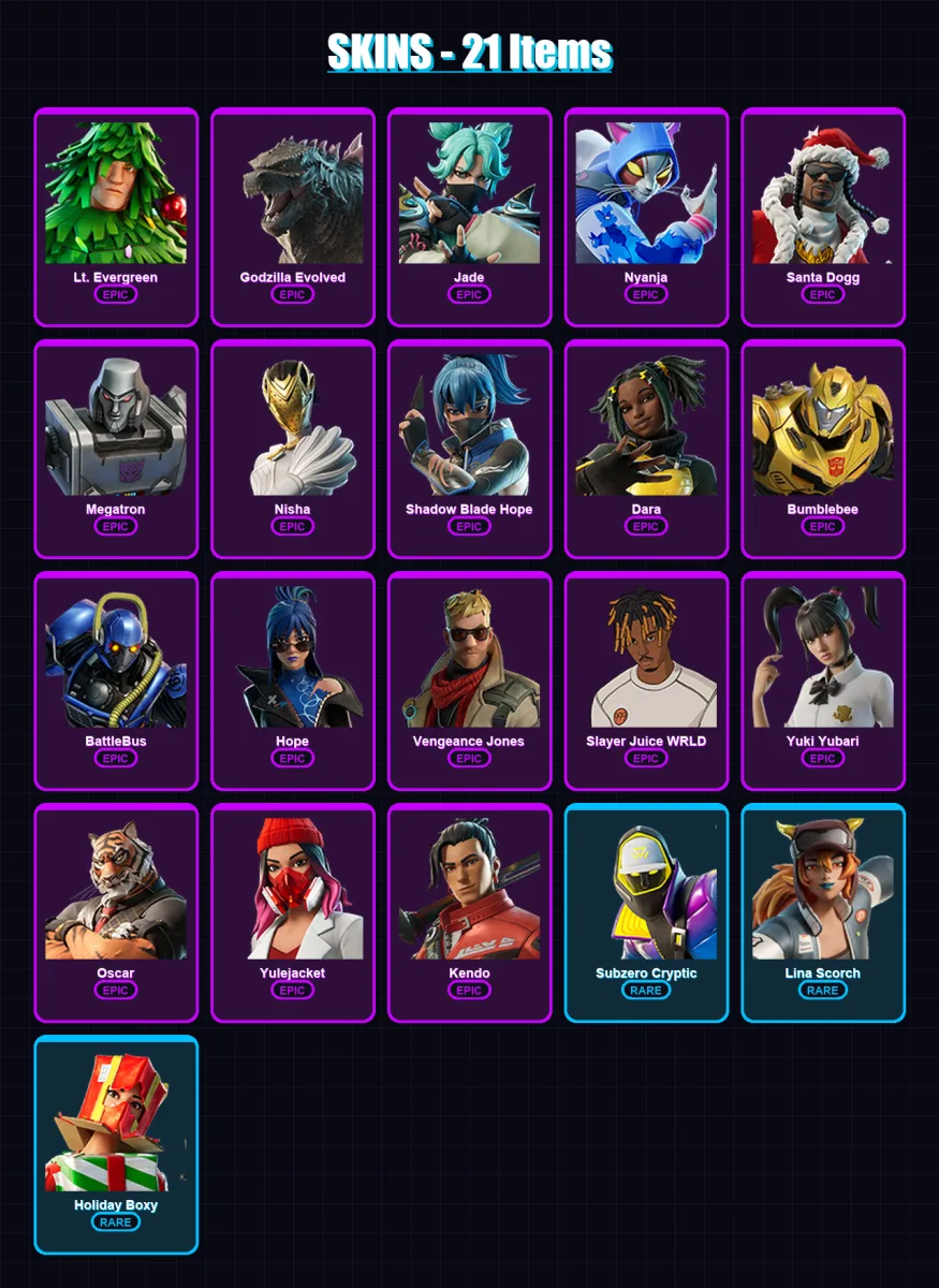 [PS4/PS5/XBOX/PC] | Lt. Evergreen | Godzilla Evolved | Jade | Nyanja | Santa Dogg | 21 skin | 48 pickaxe | 33 emote | 31 glider | Lv394