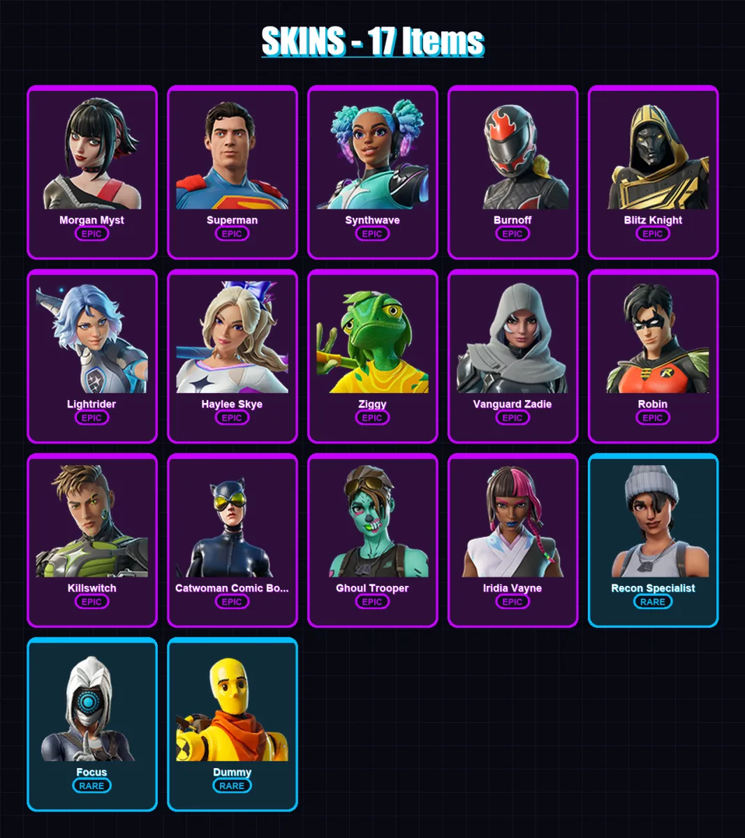 [PC/XBOX] | Morgan Myst | Superman | Synthwave | Burnoff | Blitz Knight | 17 skin | 53 pickaxe | 26 emote | 30 glider | Lv1001