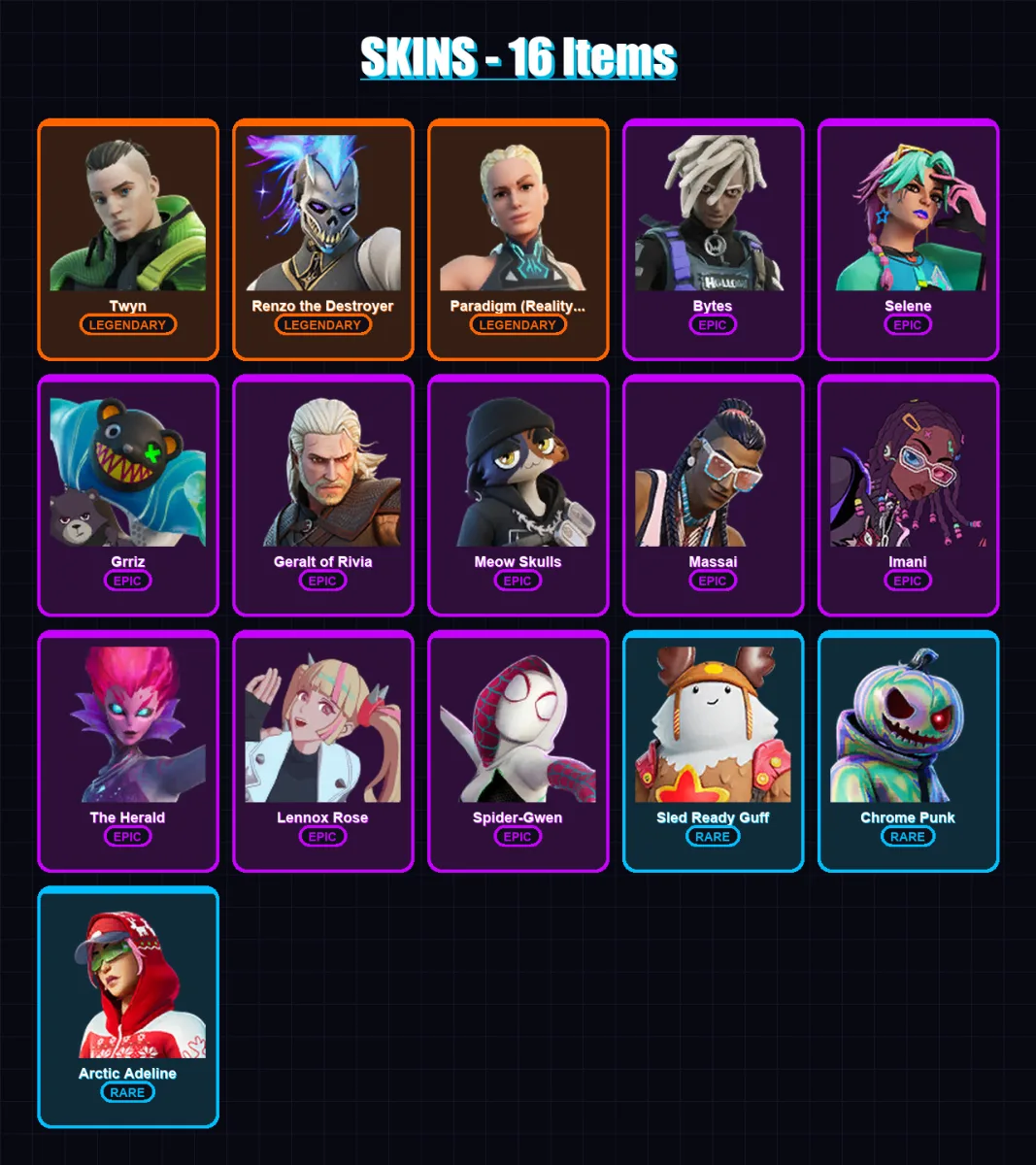 [PS4/PS5/XBOX/PC] | Twyn | Renzo the Destroyer | Paradigm (Reality-659) | Bytes | Selene | 16 skin | 16 pickaxe | 14 emote | 21 glider | Lv203