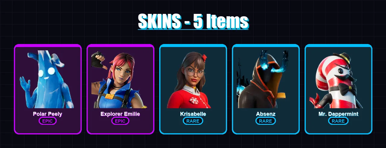 [PC/XBOX/PSN] | Polar Peely | Explorer Emilie | Krisabelle | Absenz | Mr. Dappermint | 5 skin | 5 pickaxe | 3 emote | 2 glider | Lv5