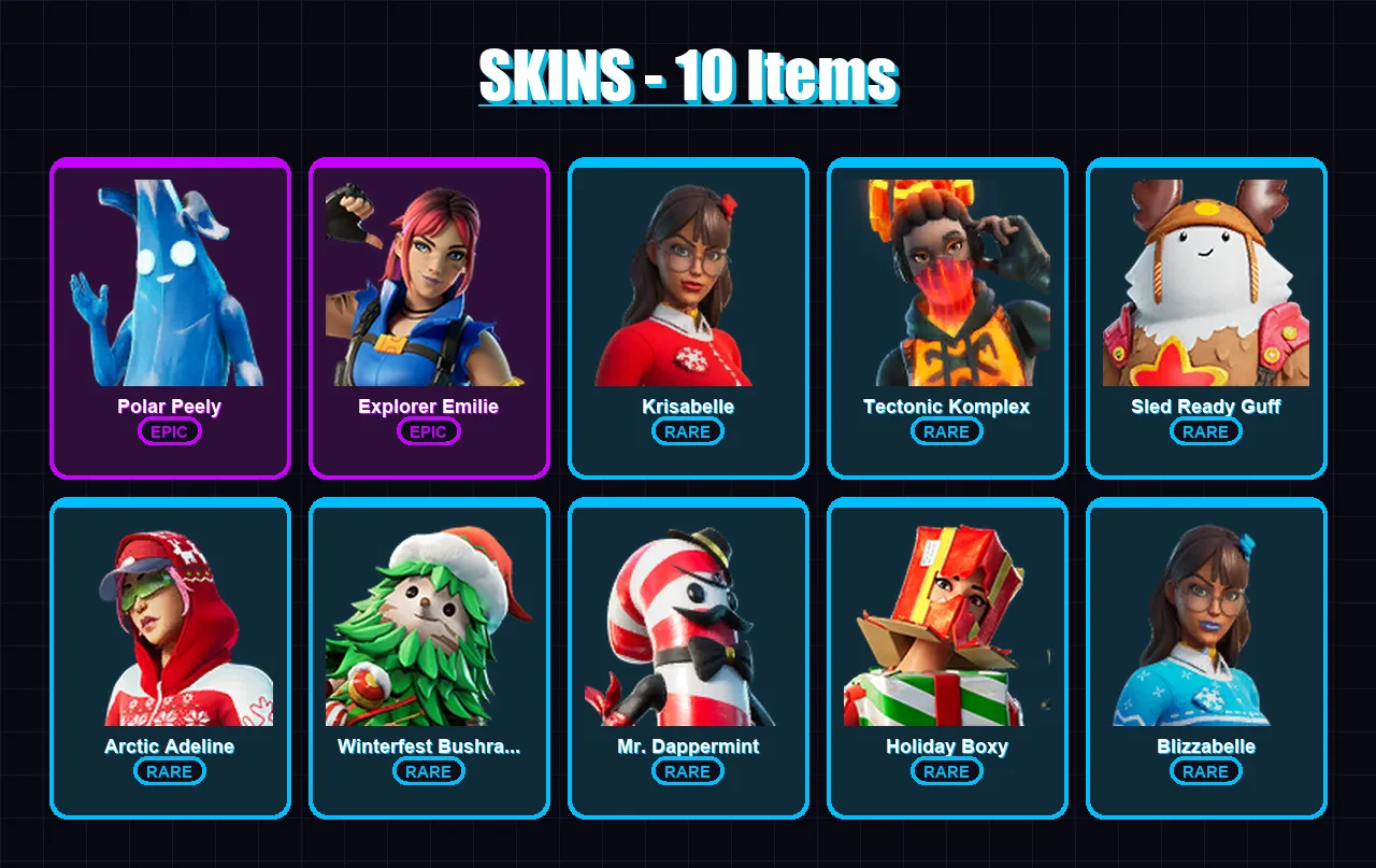 [PC/XBOX/PSN] | Polar Peely | Explorer Emilie | Krisabelle | Tectonic Komplex | Sled Ready Guff | 10 skin | 18 pickaxe | 13 emote | 19 glider | Lv24