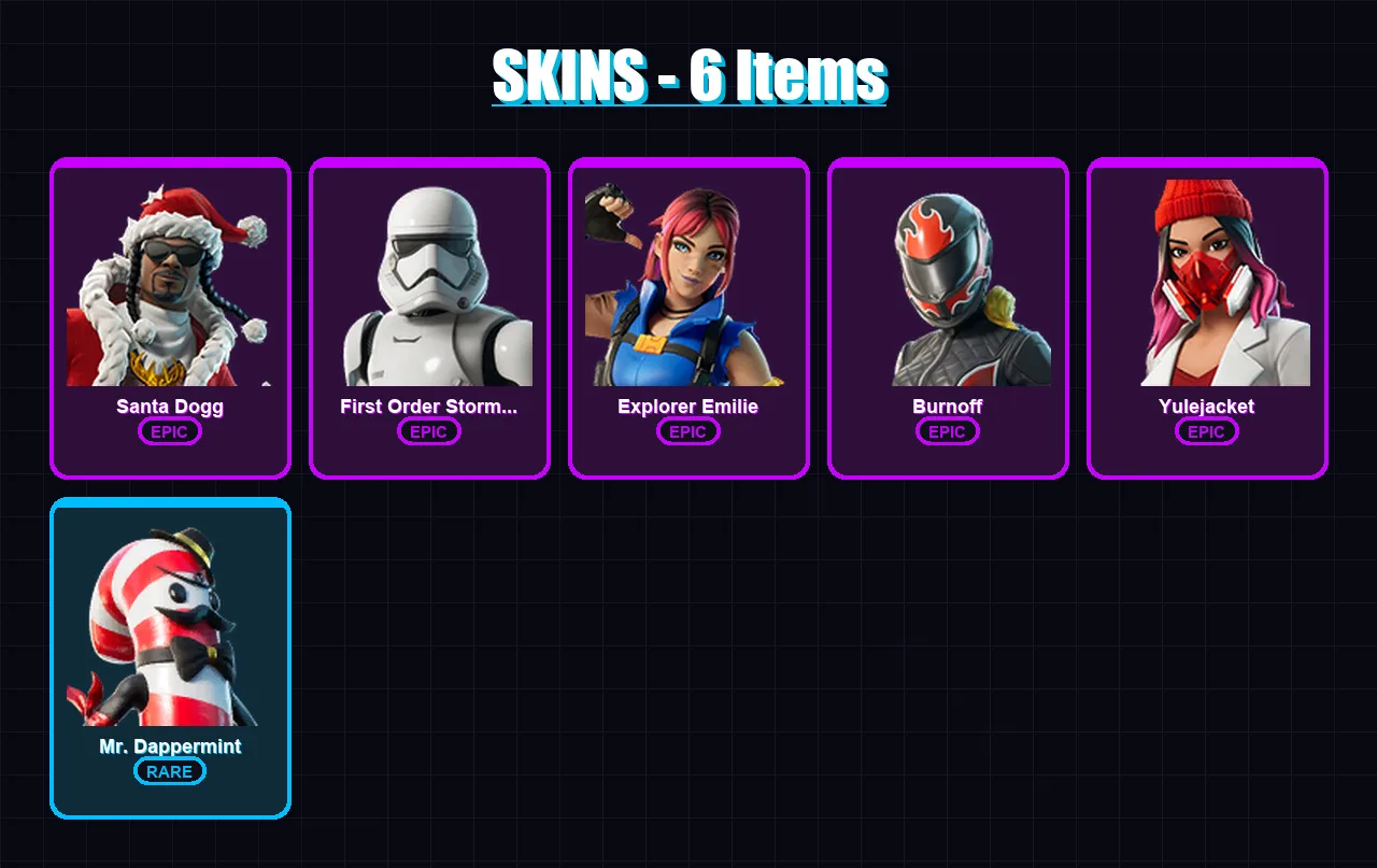 [PC/XBOX/PSN] | Santa Dogg | First Order Stormtrooper | Explorer Emilie | Burnoff | Yulejacket | 6 skin | 16 pickaxe | 9 emote | 10 glider | Lv194