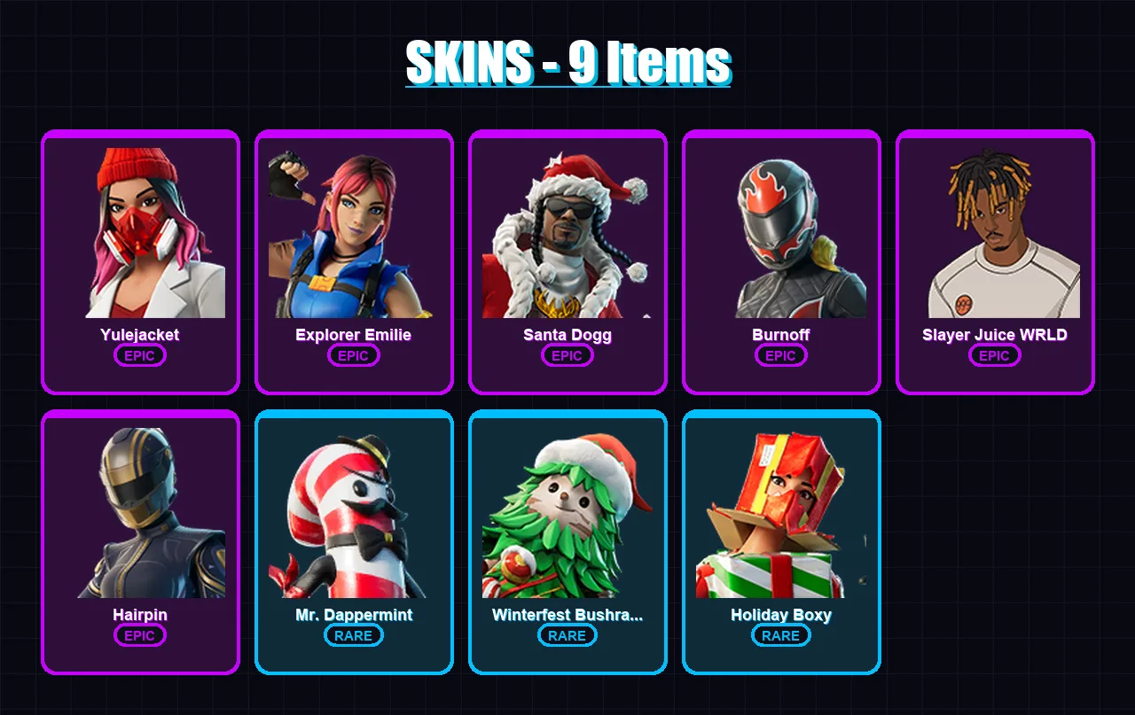[PC/PSN] | Yulejacket | Explorer Emilie | Santa Dogg | Burnoff | Slayer Juice WRLD | 9 skin | 25 pickaxe | 9 emote | 16 glider | Lv147