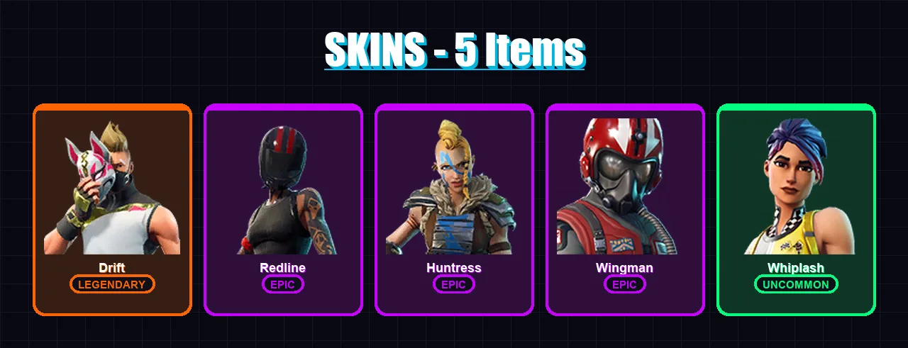 [PC/XBOX/PSN] | Drift | Redline | Huntress | Wingman | Whiplash | 5 skin | 4 pickaxe | 5 emote | 4 glider | Lv67