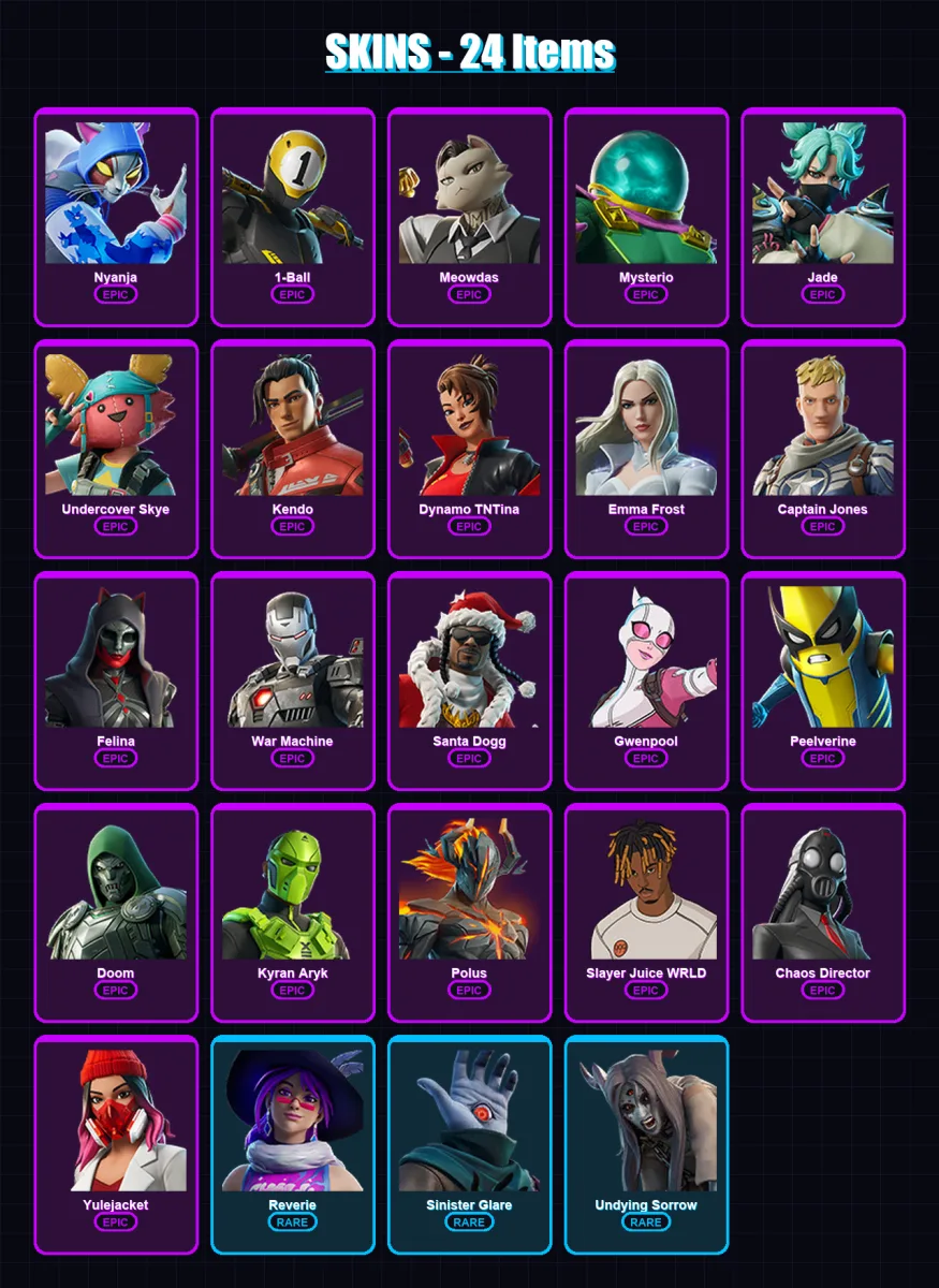 [PC/XBOX/PSN] | Nyanja | 1-Ball | Meowdas | Mysterio | Jade | 24 skin | 38 pickaxe | 23 emote | 26 glider | Lv224