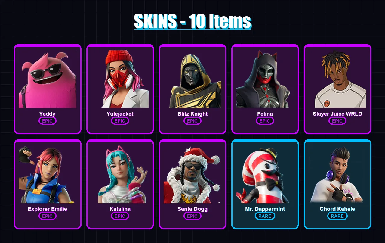 [PC/XBOX] | Yeddy | Yulejacket | Blitz Knight | Felina | Slayer Juice WRLD | 10 skin | 37 pickaxe | 11 emote | 21 glider | Lv325