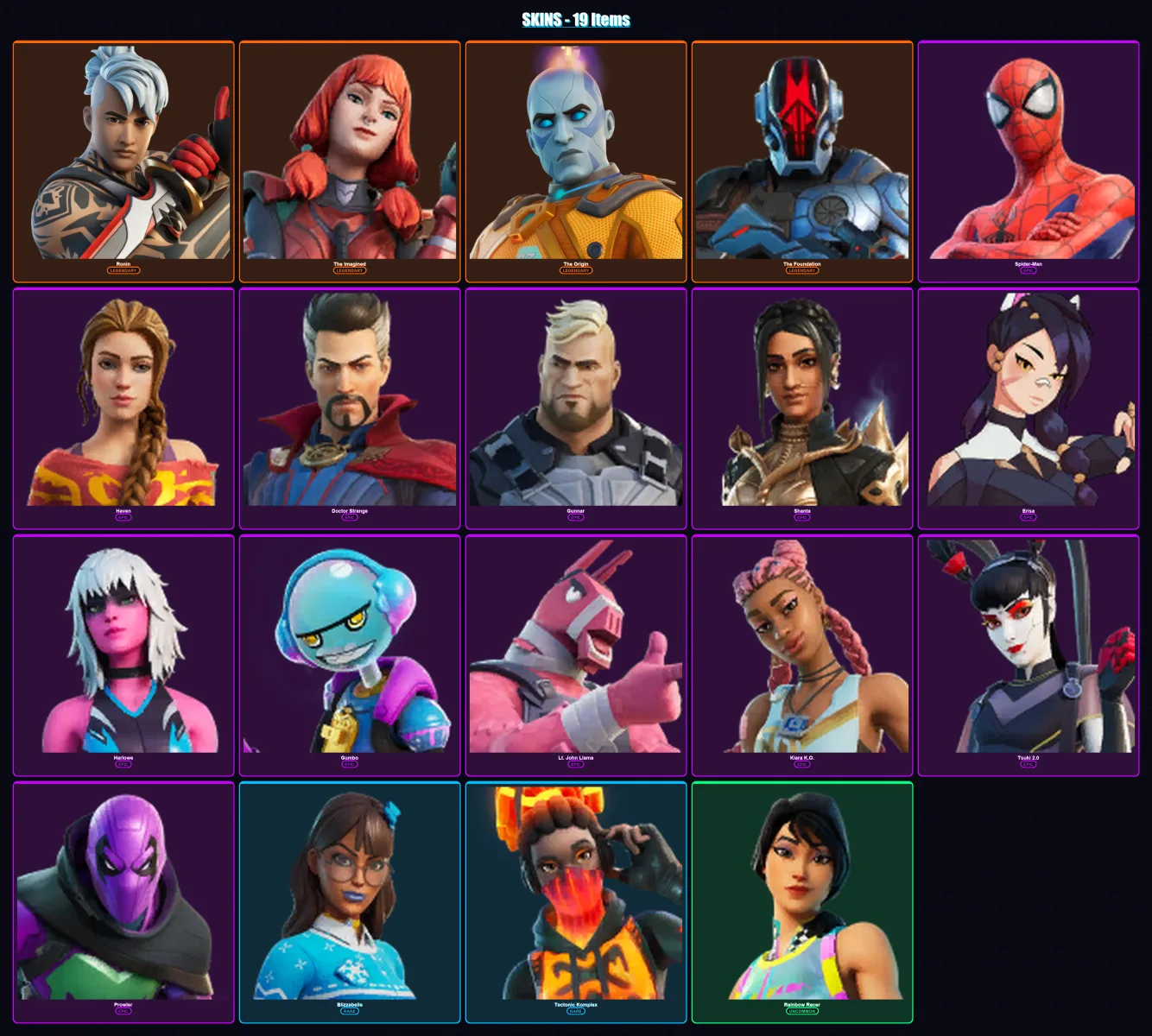 [PC/PSN] | Ronin | The Imagined | The Origin | The Foundation | Spider-Man | 19 skin | 26 pickaxe | 26 emote | 26 glider | Lv391