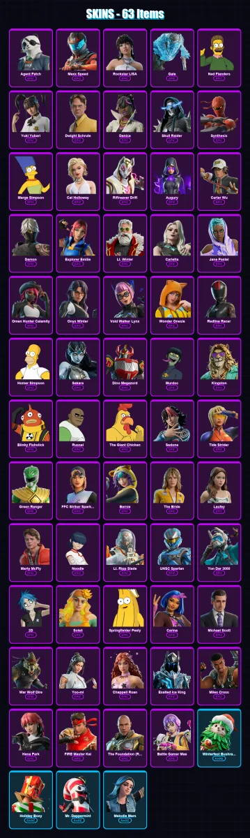 [PC] | Agent Patch | Maxx Speed | Rockstar LISA | Gale | Ned Flanders | 63 skin | 76 pickaxe | 45 emote | 37 glider | Lv309
