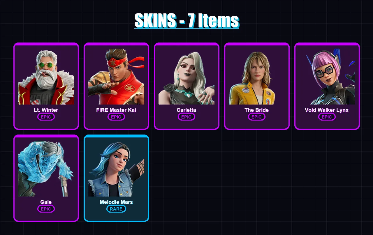 [PC/PSN] | Lt. Winter | FIRE Master Kai | Carletta | The Bride | Void Walker Lynx | 7 skin | 6 pickaxe | 5 emote | 4 glider | Lv17