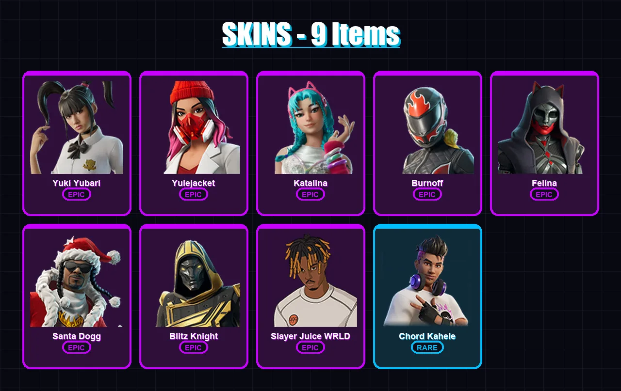[PC/XBOX/PSN] | Yuki Yubari | Yulejacket | Katalina | Burnoff | Felina | 9 skin | 49 pickaxe | 16 emote | 30 glider | Lv363