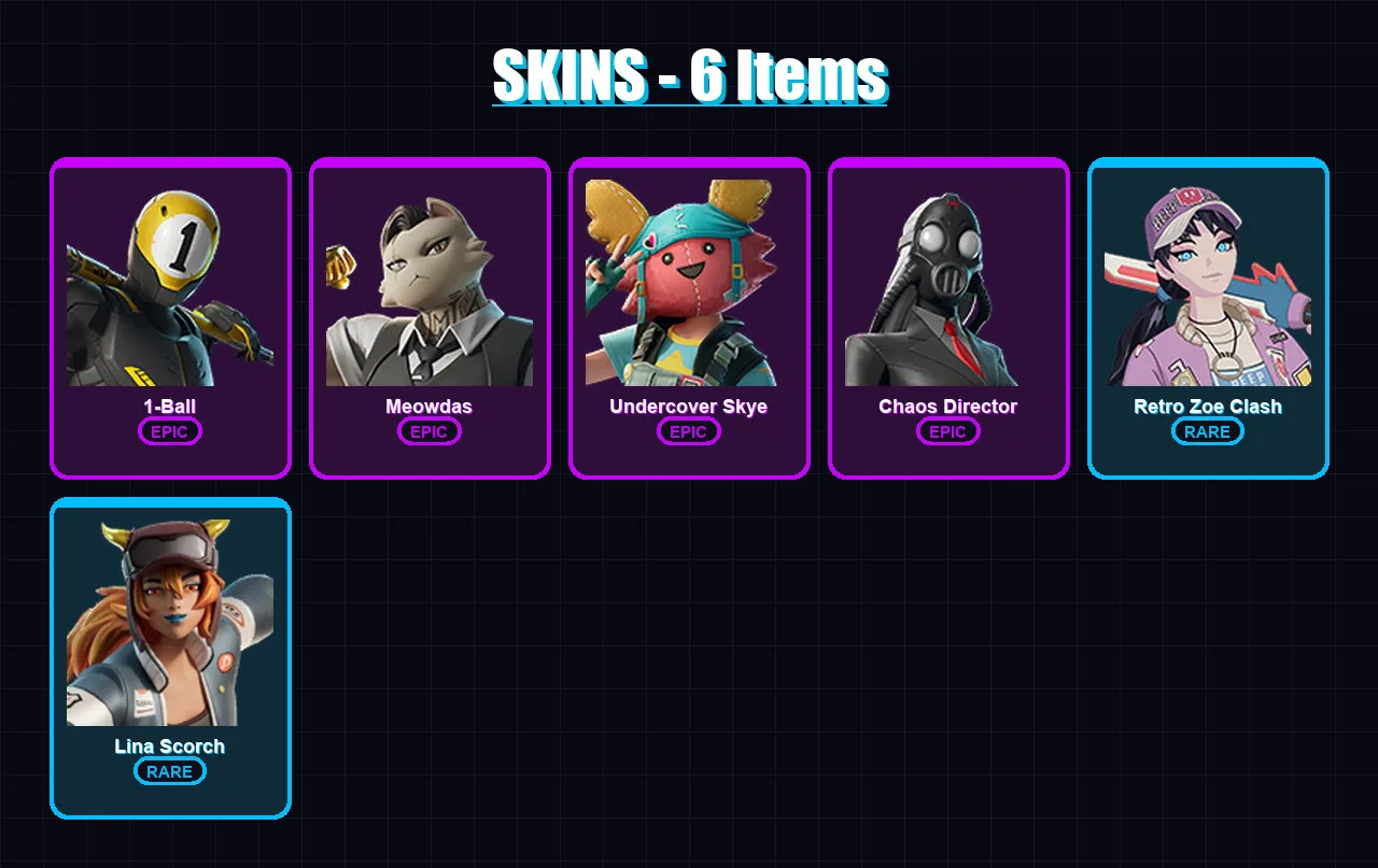 [PS4/PS5/XBOX/PC] | 1-Ball | Meowdas | Undercover Skye | Chaos Director | Retro Zoe Clash | 6 skin | 26 pickaxe | 13 emote | 14 glider | Lv210