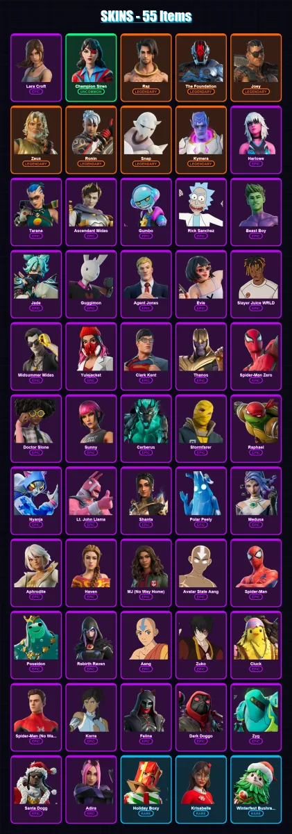 [PC/XBOX/PSN] | Lara Croft | Champion Siren | Raz | The Foundation | Joey | 55 skin | 93 pickaxe | 70 emote | 71 glider | Lv1018
