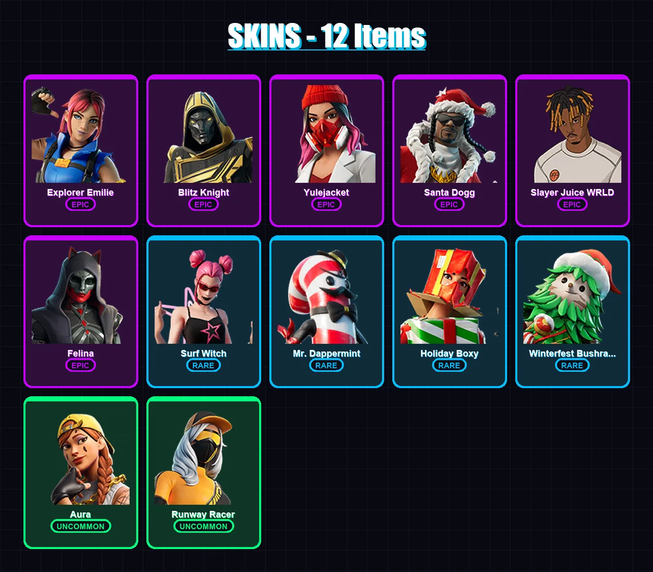 [PC/XBOX/PSN] | Explorer Emilie | Blitz Knight | Yulejacket | Santa Dogg | Slayer Juice WRLD | 12 skin | 52 pickaxe | 26 emote | 35 glider | Lv866