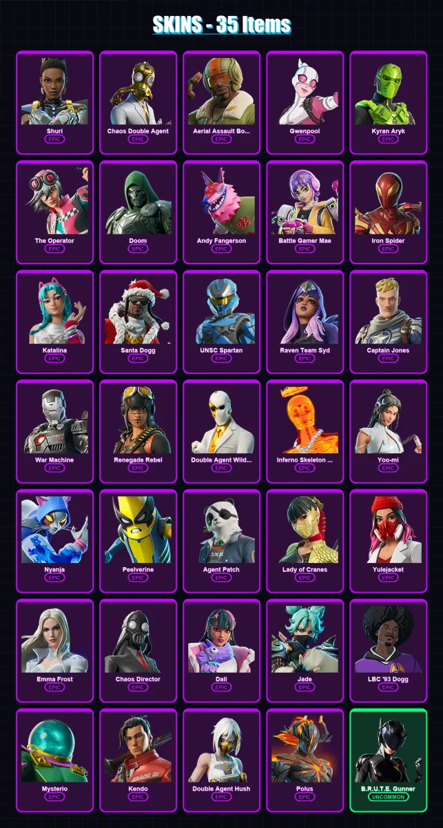 [PC/XBOX/PSN] | Shuri | Chaos Double Agent | Aerial Assault Bomber | Gwenpool | Kyran Aryk | 35 skin | 46 pickaxe | 28 emote | 25 glider | Lv313