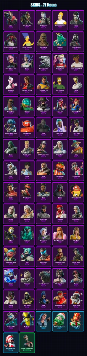 [PC/XBOX/PSN] | Ares | War Wolf Dire | War Machine | Homer Simpson | Daigo | 77 skin | 98 pickaxe | 73 emote | 57 glider | Lv688