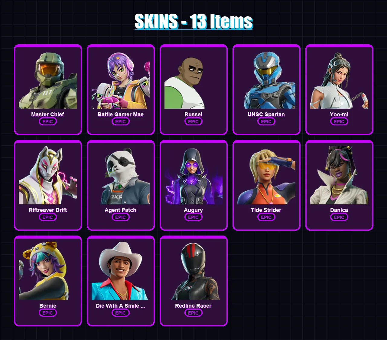[PC/XBOX/PSN] | Master Chief | Battle Gamer Mae | Russel | UNSC Spartan | Yoo-mi | 13 skin | 16 pickaxe | 14 emote | 11 glider | Lv57