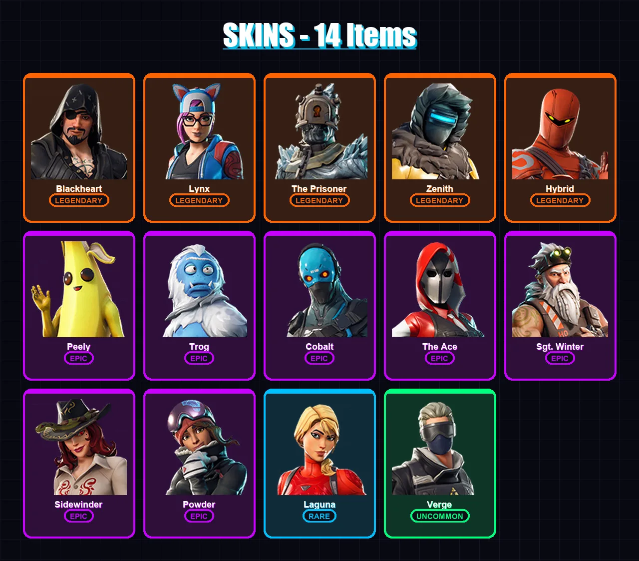 [PC/XBOX/PSN] | Blackheart | Lynx | The Prisoner | Zenith | Hybrid | 14 skin | 15 pickaxe | 18 emote | 17 glider | Lv188