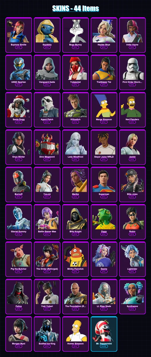 [PC/PSN] | Explorer Emilie | Squibbly | Bugs Bunny | Haylee Skye | Iridia Vayne | 44 skin | 110 pickaxe | 59 emote | 70 glider | Lv1044