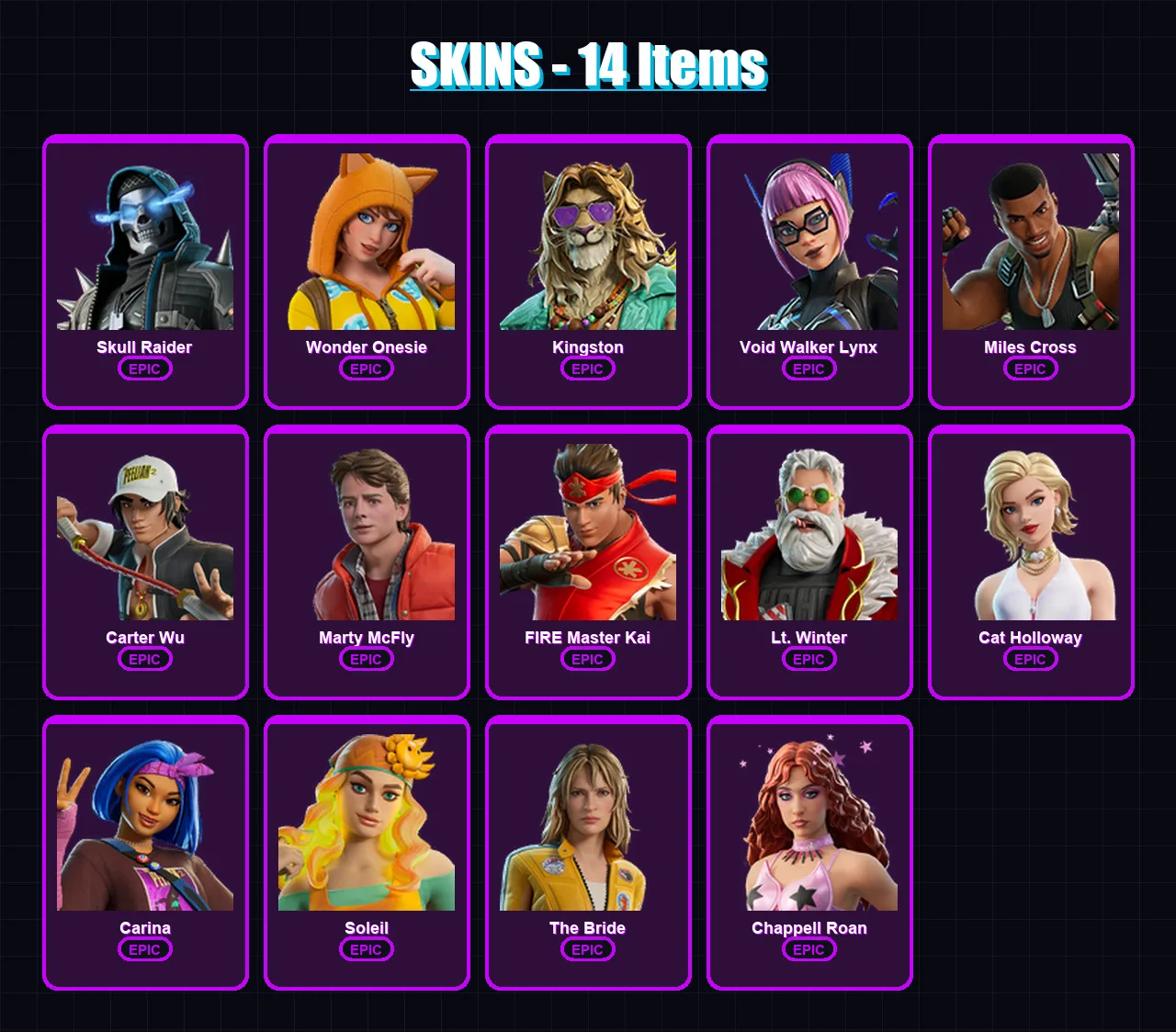[PC/PSN] | Skull Raider | Wonder Onesie | Kingston | Void Walker Lynx | Miles Cross | 14 skin | 19 pickaxe | 14 emote | 10 glider | Lv87