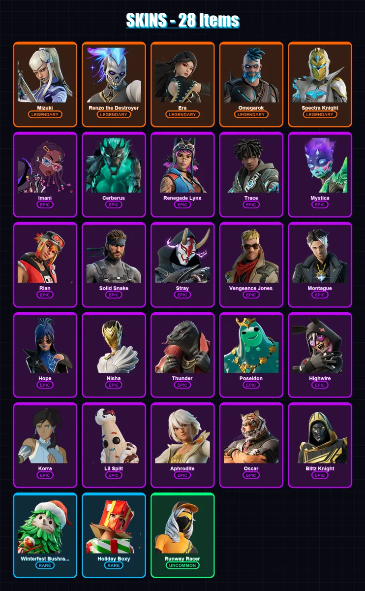 [PC/XBOX/PSN] | Mizuki | Renzo the Destroyer | Era | Omegarok | Spectra Knight | 28 skin | 46 pickaxe | 29 emote | 49 glider | Lv573