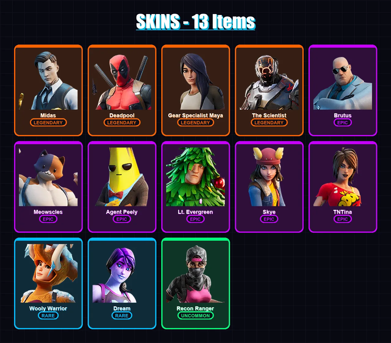 [PC/XBOX] | Midas | Deadpool | Gear Specialist Maya | The Scientist | Brutus | 13 skin | 24 pickaxe | 31 emote | 26 glider | Lv474