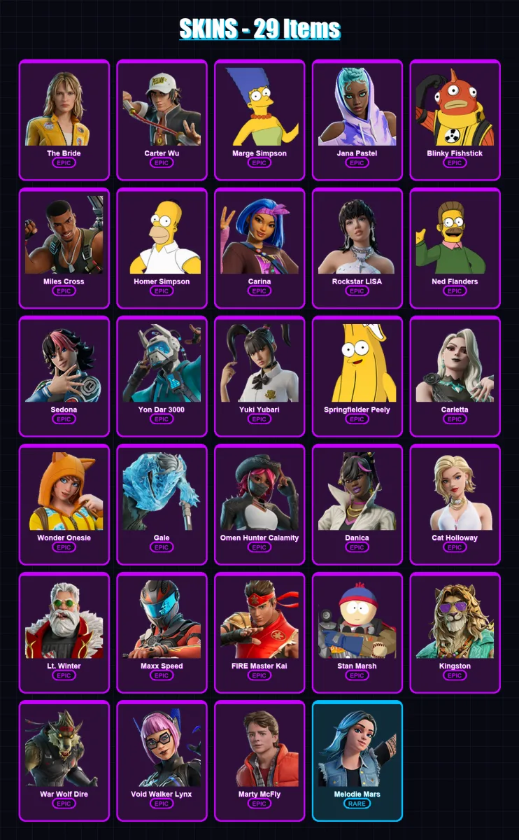 [PC/XBOX/PSN] | The Bride | Carter Wu | Marge Simpson | Jana Pastel | Blinky Fishstick | 29 skin | 41 pickaxe | 30 emote | 23 glider | Lv191
