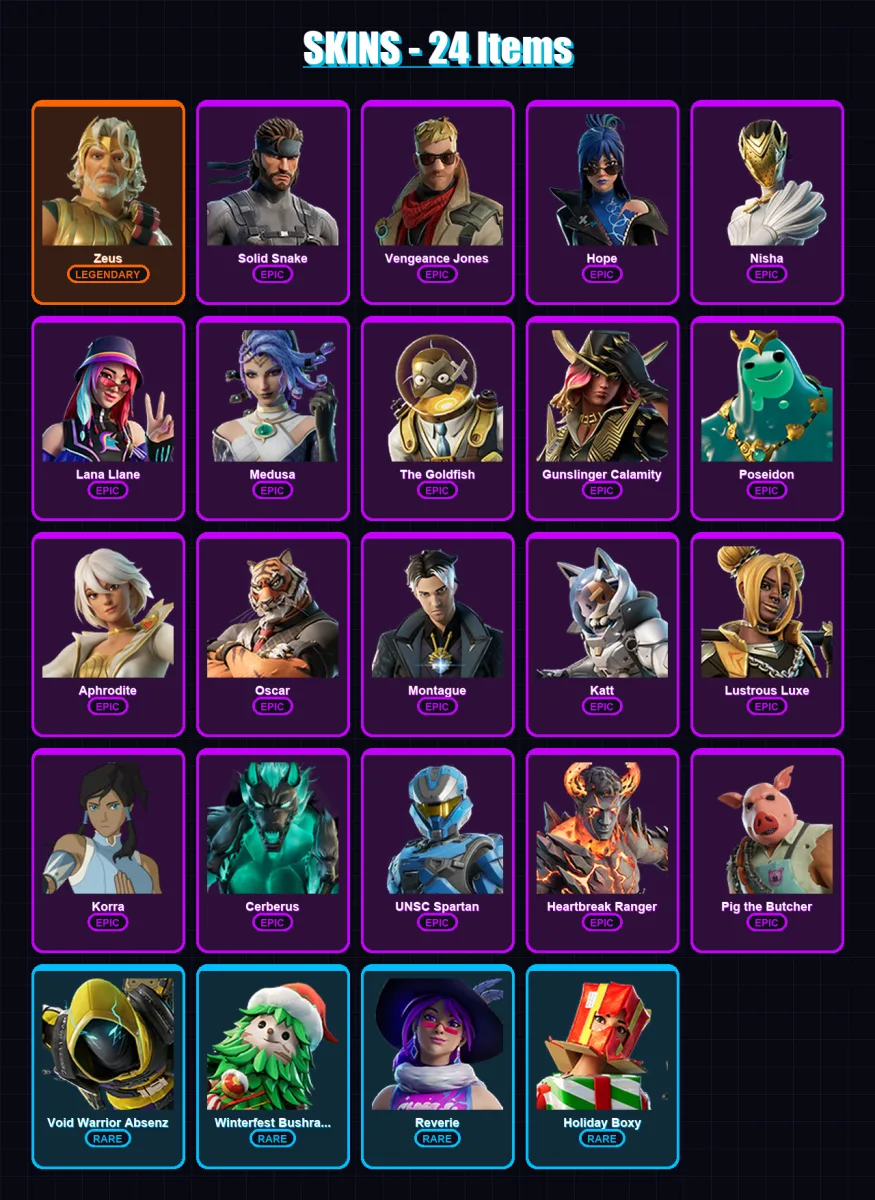 [PC/XBOX/PSN] | Zeus | Solid Snake | Vengeance Jones | Hope | Nisha | 24 skin | 46 pickaxe | 25 emote | 33 glider | Lv366