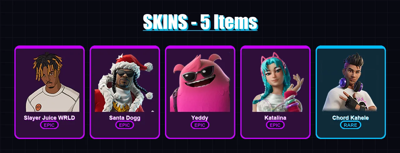 [PC/XBOX/PSN] | Slayer Juice WRLD | Santa Dogg | Yeddy | Katalina | Chord Kahele | 5 skin | 17 pickaxe | 6 emote | 15 glider | Lv129