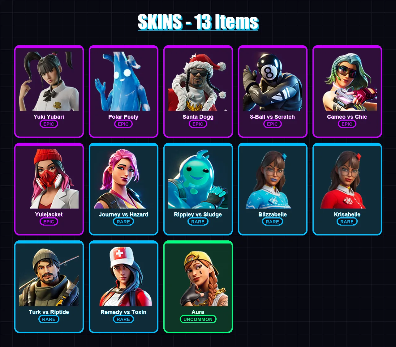 [PC/XBOX/PSN] | Yuki Yubari | Polar Peely | Santa Dogg | 8-Ball vs Scratch | Cameo vs Chic | 13 skin | 37 pickaxe | 29 emote | 30 glider | Lv449