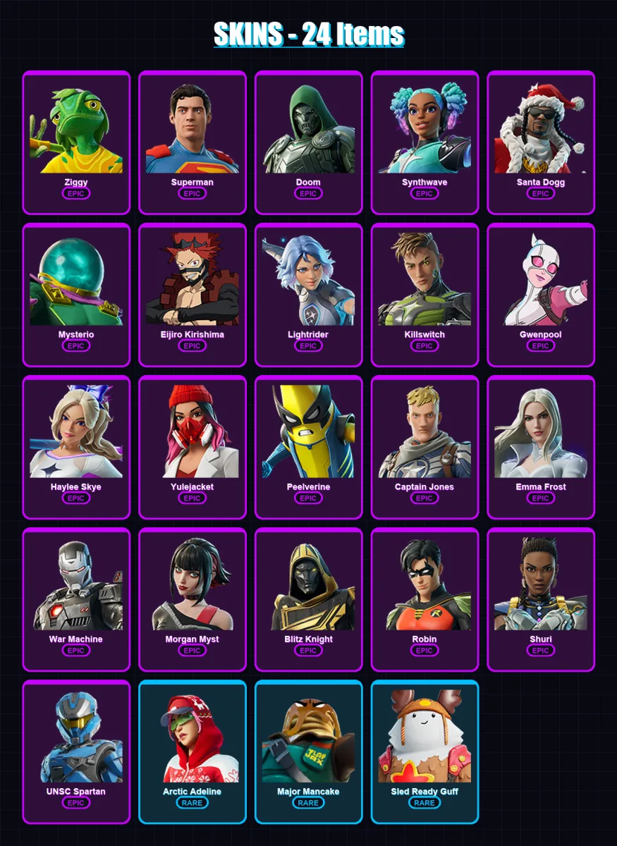 [PS4/PS5/XBOX/PC] | Ziggy | Superman | Doom | Synthwave | Santa Dogg | 24 skin | 58 pickaxe | 36 emote | 54 glider | Lv785