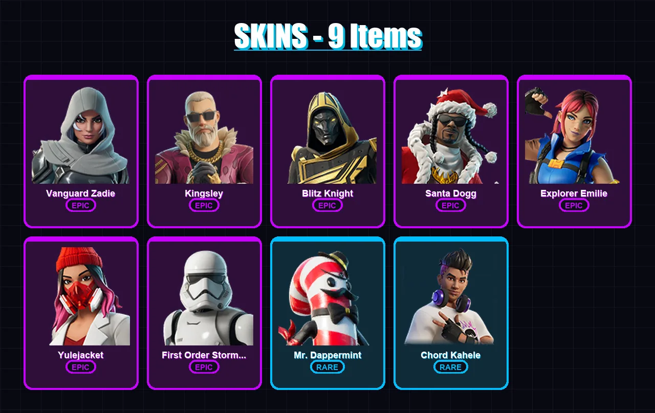 [PS4/PS5/XBOX/PC] | Vanguard Zadie | Kingsley | Blitz Knight | Santa Dogg | Explorer Emilie | 9 skin | 33 pickaxe | 11 emote | 21 glider | Lv187