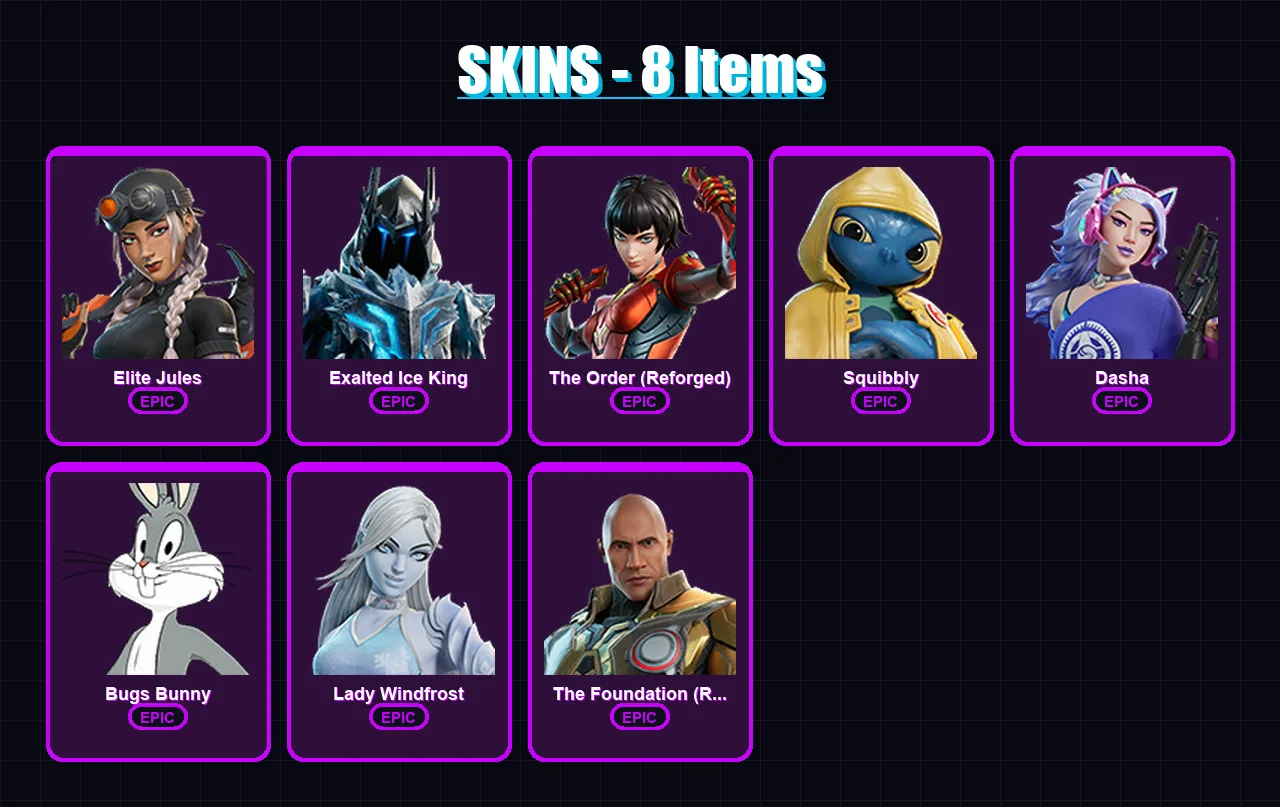 [PC/XBOX/PSN] | Elite Jules | Exalted Ice King | The Order (Reforged) | Squibbly | Dasha | 8 skin | 14 pickaxe | 14 emote | 16 glider | Lv110