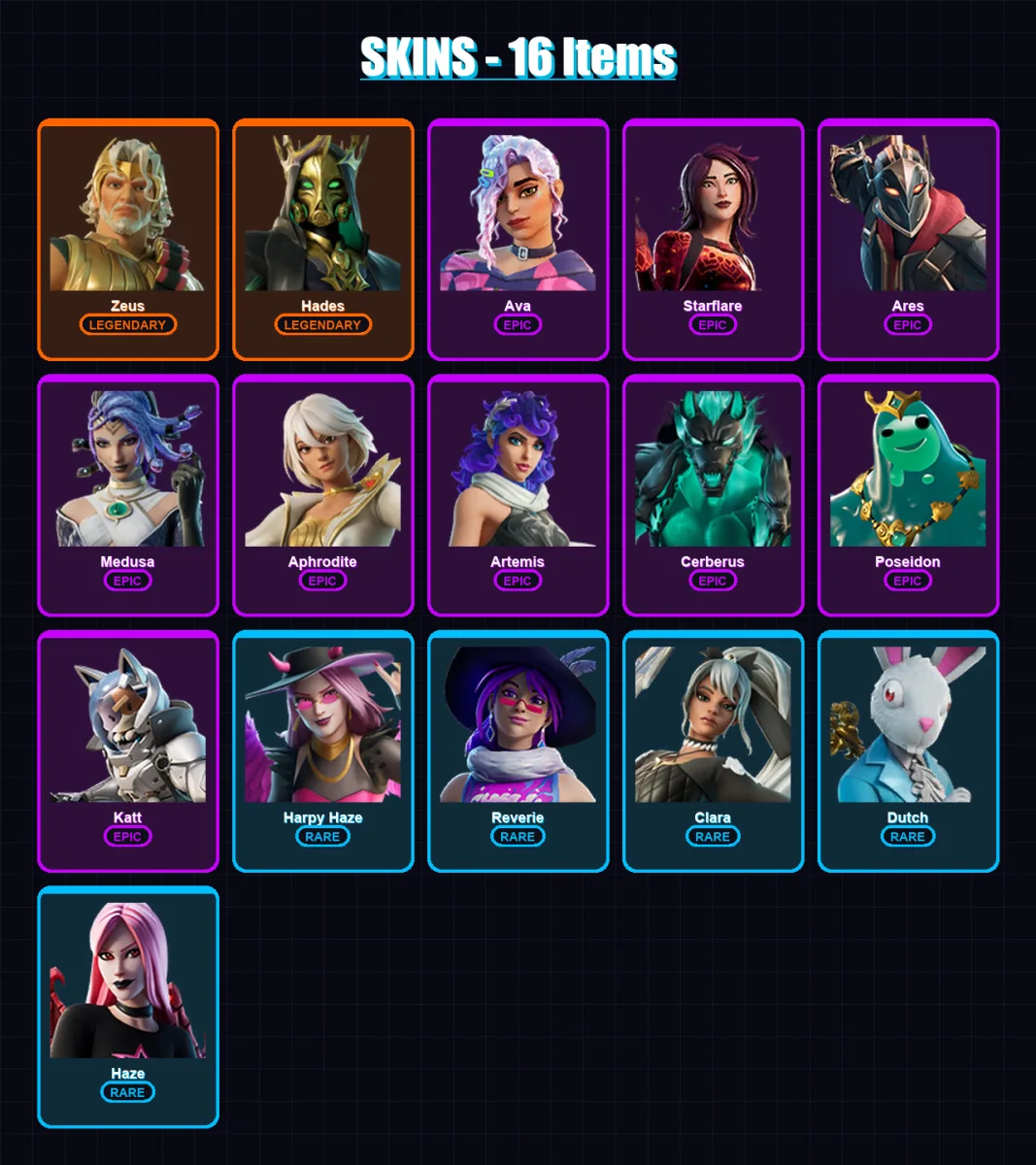 [PC/XBOX/PSN] | Zeus | Hades | Ava | Starflare | Ares | 16 skin | 23 pickaxe | 24 emote | 9 glider | Lv178