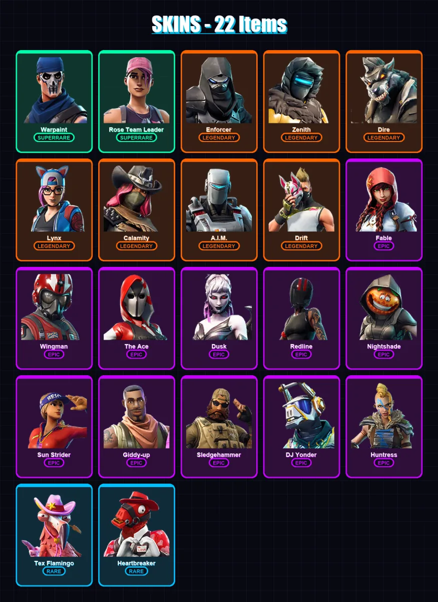 [PS4/PS5/XBOX/PC] | Warpaint | Rose Team Leader | Enforcer | Zenith | Dire | 22 skin | 24 pickaxe | 31 emote | 37 glider | Lv439