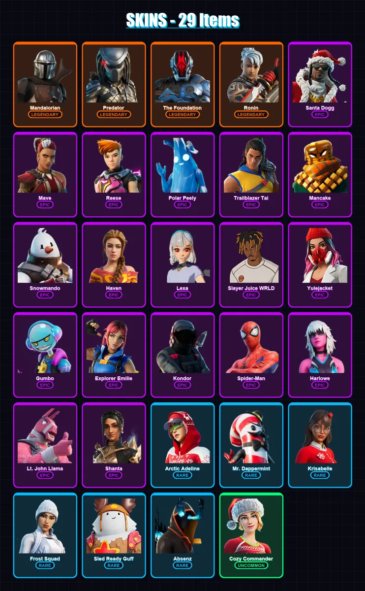 [PC/PSN] | Mandalorian | Predator | The Foundation | Ronin | Santa Dogg | 29 skin | 40 pickaxe | 30 emote | 39 glider | Lv589