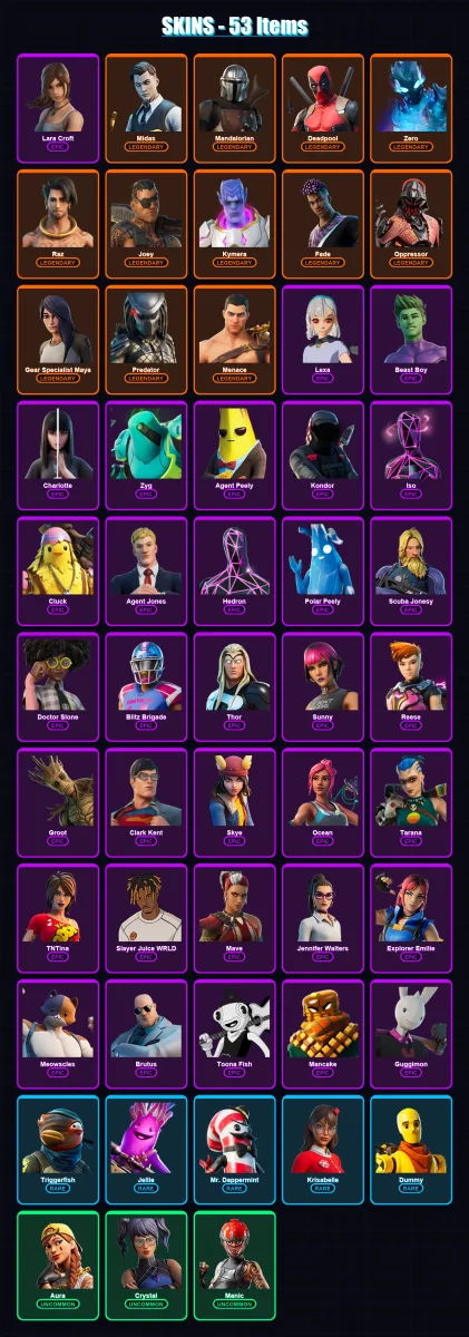 [PC/XBOX/PSN] | Lara Croft | Midas | Mandalorian | Deadpool | Zero | 53 skin | 53 pickaxe | 41 emote | 52 glider | Lv683 — Fortnite account