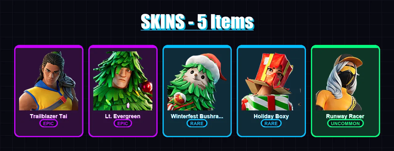 [PC/XBOX/PSN] | Trailblazer Tai | Lt. Evergreen | Winterfest Bushranger | 5 skin | Lv108