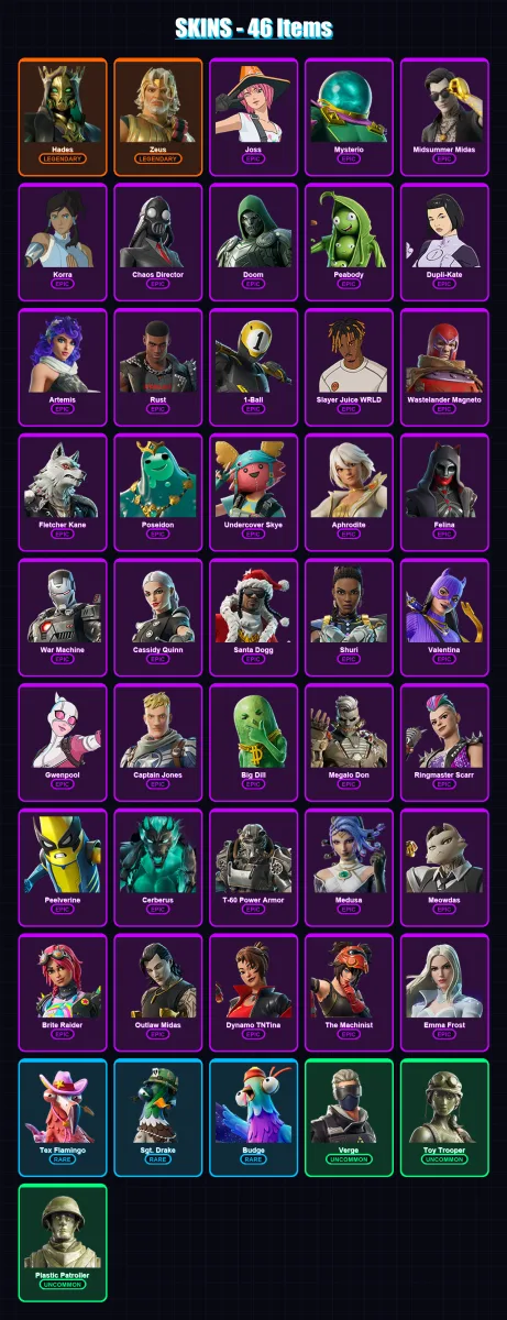 [PC/XBOX/PSN] | Hades | Zeus | Joss | Mysterio | Midsummer Midas | 46 skin | 78 pickaxe | 64 emote | 58 glider | Lv1195 — Fortnite account